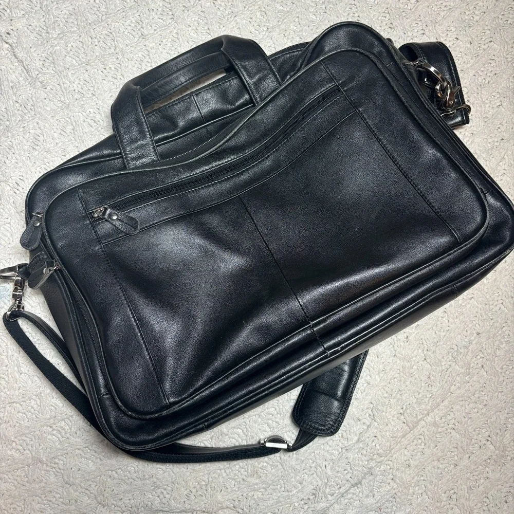 $499 Charles Tyrwhitt Grain Leather Messenger‎ Black Bag Solid Adjustable Strap